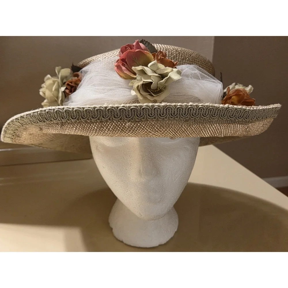 Deborah Rhodes Mocha Wide Brim Hat Sinamay Floral Derby Church Wedding 22.5